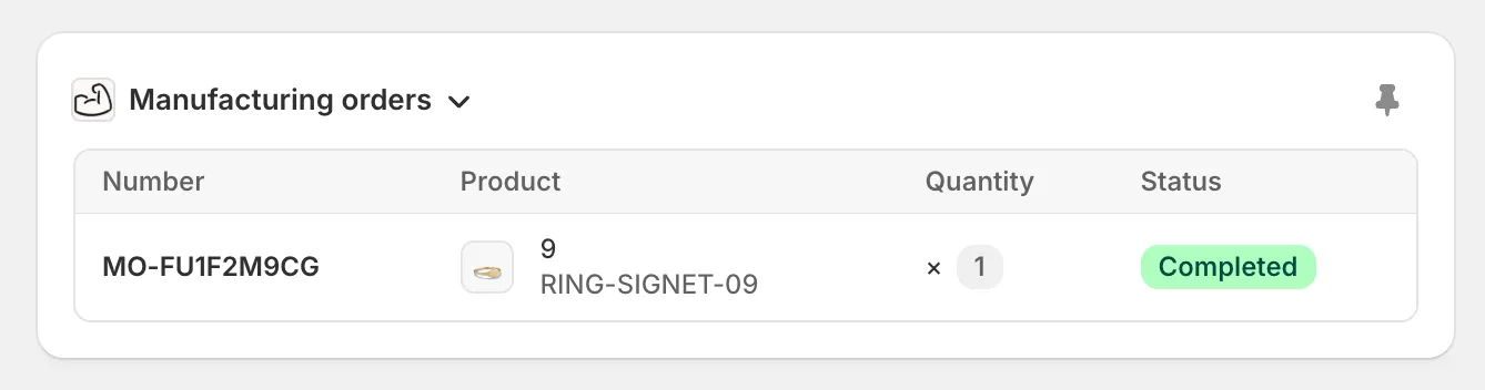 The Manufacturing orders block on a Shopify order page, showing one row: manufacturing order MO-FU1F2M9CG for a signet ring, quantity one, with a green Completed status badge.