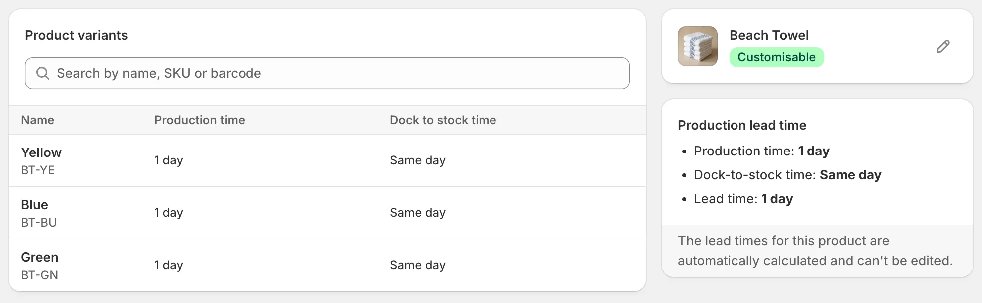 The Orderkraft product page for a Beach Towel. The right-hand summary shows the product name with a green Customisable badge and a pencil icon beside it. Under it, a Production lead time card reads one day of production and same day dock-to-stock, noting the times are calculated and can’t be edited here. The main column lists three variants, all at one day.