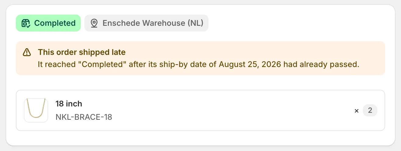 A manufacturing order detail page with a green Completed badge and a banner below reading This order shipped late. It reached “Completed” after its ship-by date of August 25, 2026 had already passed.