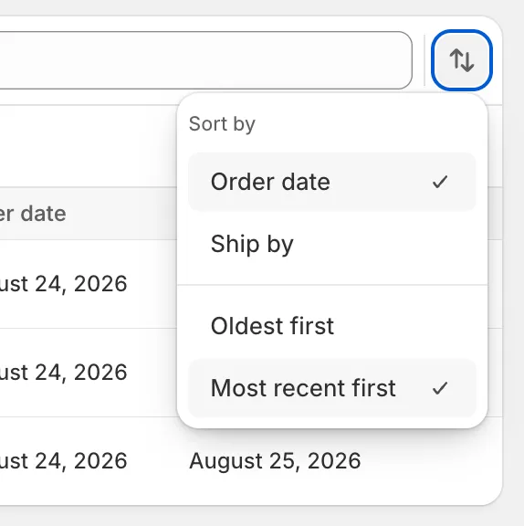 The manufacturing orders index with a Sort by popover open. The popover lists two column options, Order date ticked and Ship by below, then a divider, then two direction options, Oldest first and Most recent first with the latter ticked. Behind the popover, the manufacturing orders table is dimmed back to the index with its urgency tiles, filters, and rows of orders reading Waiting.